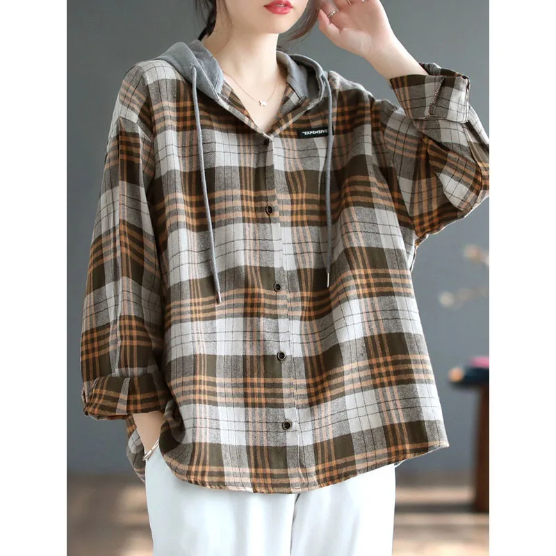 Women\'s Clothing 2023 Autumn and Winter New Splice Buttons Drawstring Long Sleeved Plaid Commuting Versatile Temperament Hoodie