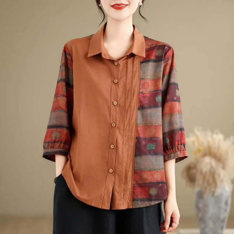 

Women's Retro Print Contrasting Color 7-quarter Sleeve Shirt Thin Casual Cotton and Linen Top