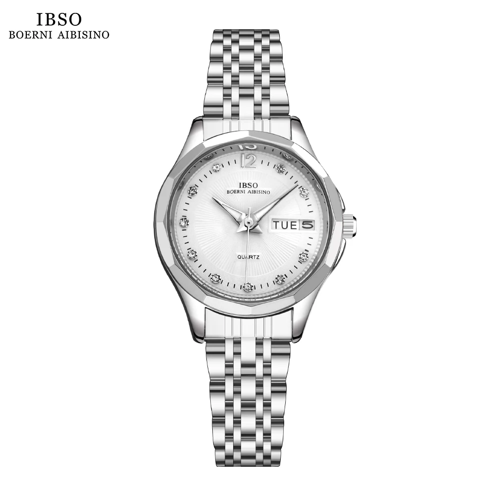 IBSO Hot New 9286# Women Luxury Quartz Watch Luminous Calendar Stainless Steel Strap Irregular Case Date Display 3ATM Waterproof