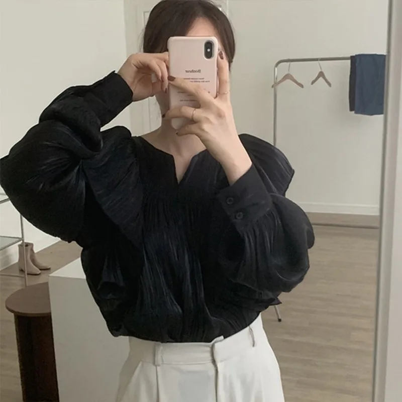 Pleated Shirt with Ruffles for Women, Korean Chic Sweet Blouse, Beige Tops, Long Lantern Sleeve, Loose Clothes, Spring Autum 201