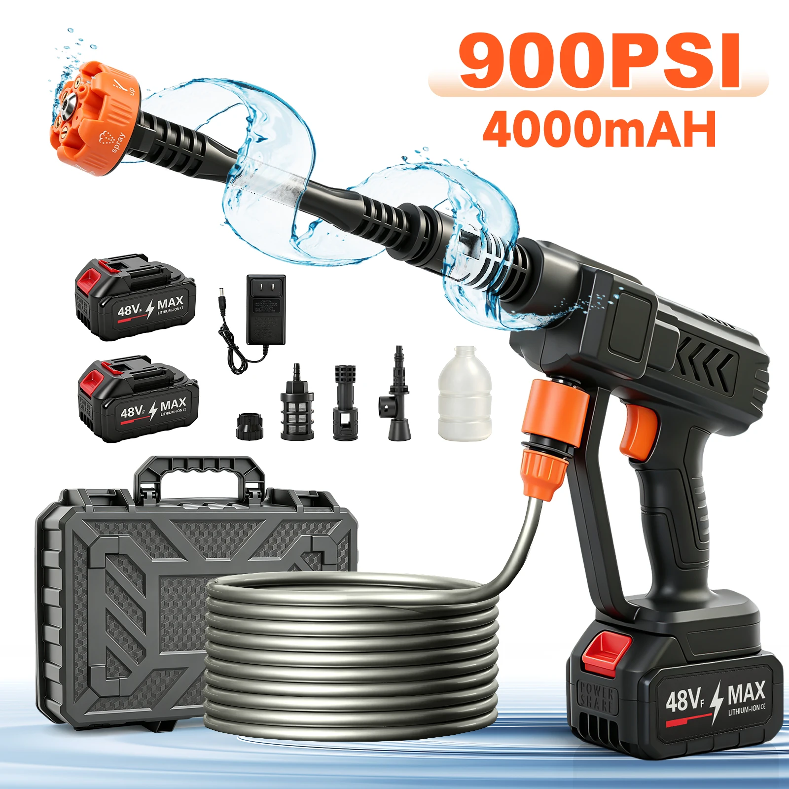 870 PSI Cordless Washer Gun High Pressure  6-in-1 Nozzle Electric Brushless Car Cleaner with 2×4.0Ah Batteries & 16.4 FT Hose for Car Patio Floor Fence Garden