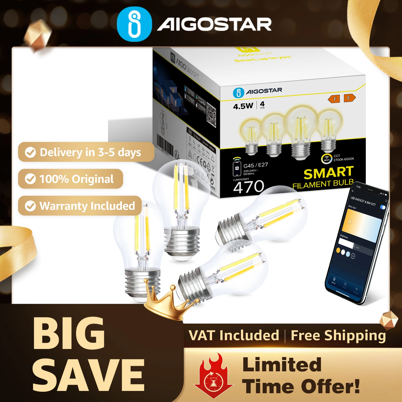 Aigostar Bombilla Inteligente Alexa E27 Vintage G45 Transparente 4.5W 470LM | Regulable 2700K-6500K, Compatible con Alexa y Google Home | Pack de 2 o 4 Unidades