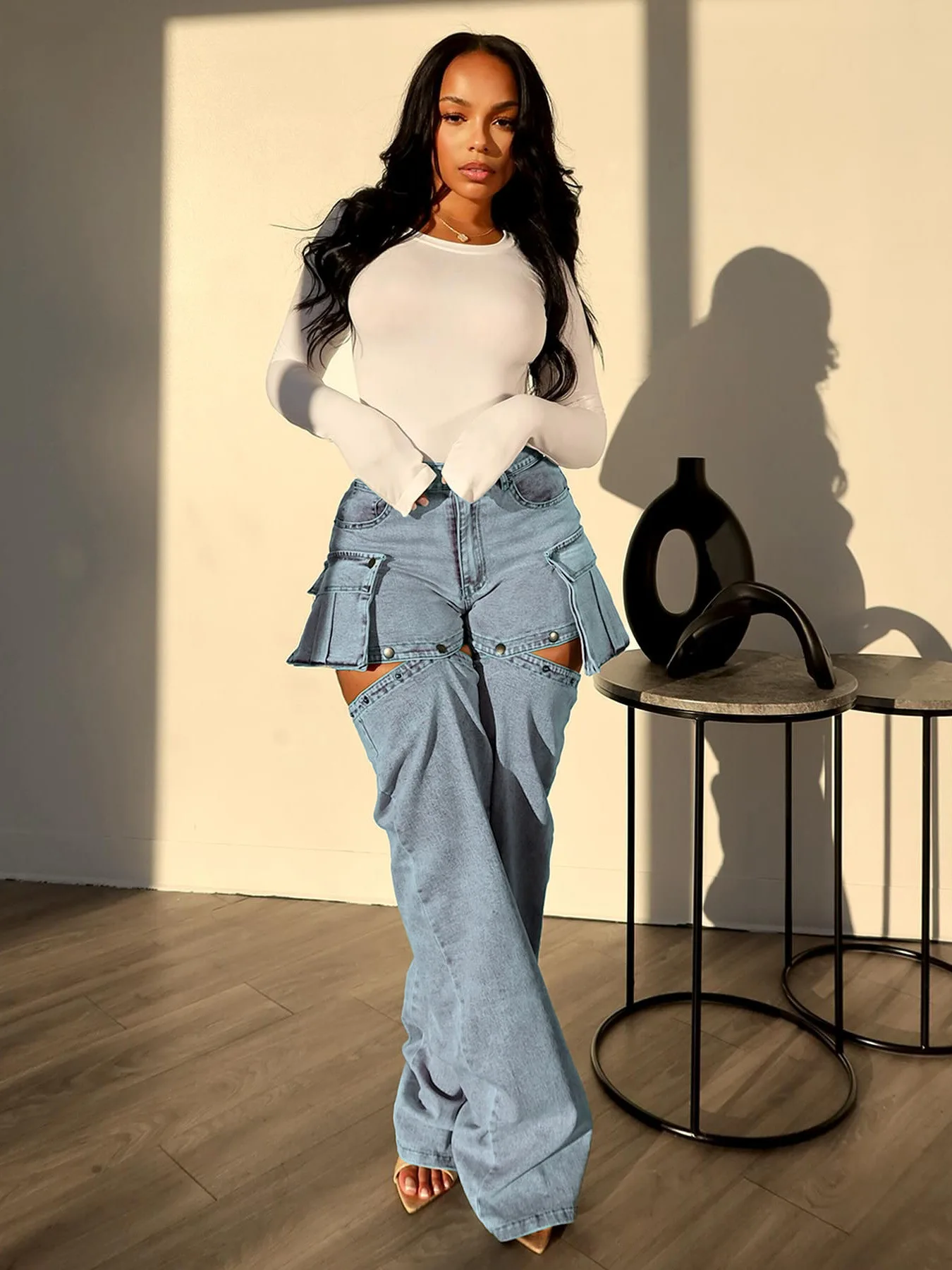 Detachable Leg Elastic Denim Multi Wear orts Women's Trendy High Elastici Loose Fit l Waist Blue