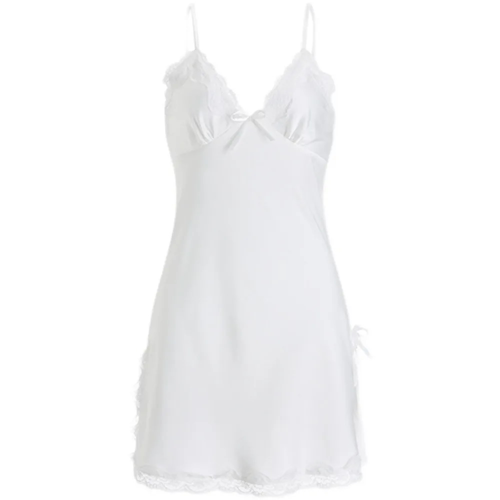 

Женское пижамное платье с кружевным бантом без рукавов, тонкая ночная рубашка из ледяного шелка на подтяжках, одежда для сна, праздничное платье, тонкая ночная рубашка на бретельках