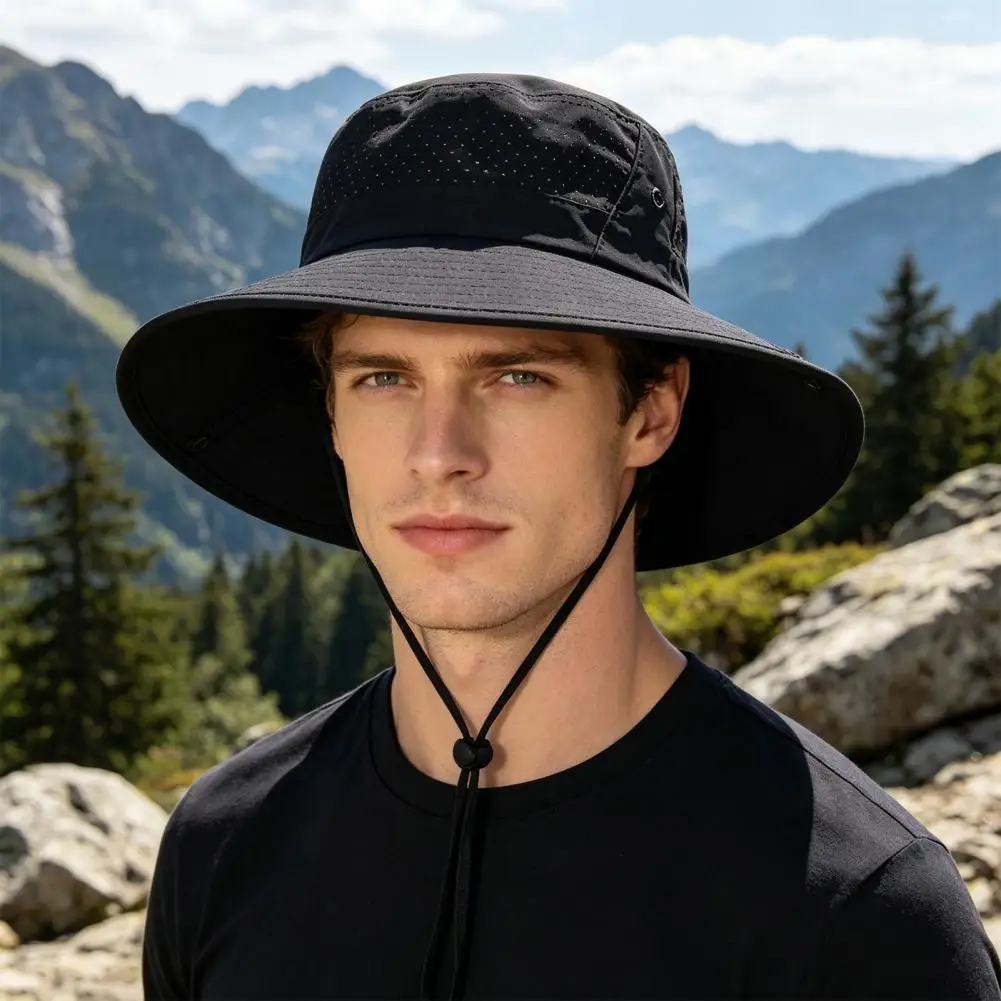 

Breathable Mesh Quick-Drying Fabric UPF Sun Protection Hat Large Brim Windproof Rope Outdoor Hiking Fishing Sun Hat