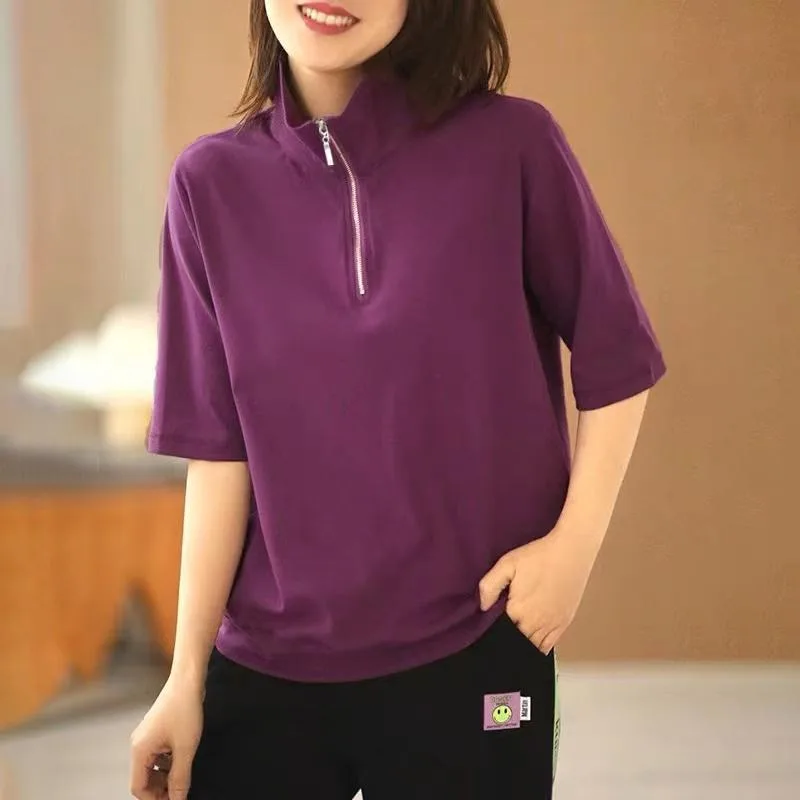 

Women's Solid Color Purple Quarter Zip Polo Shirt Loose Casual Cotton Blend Top
