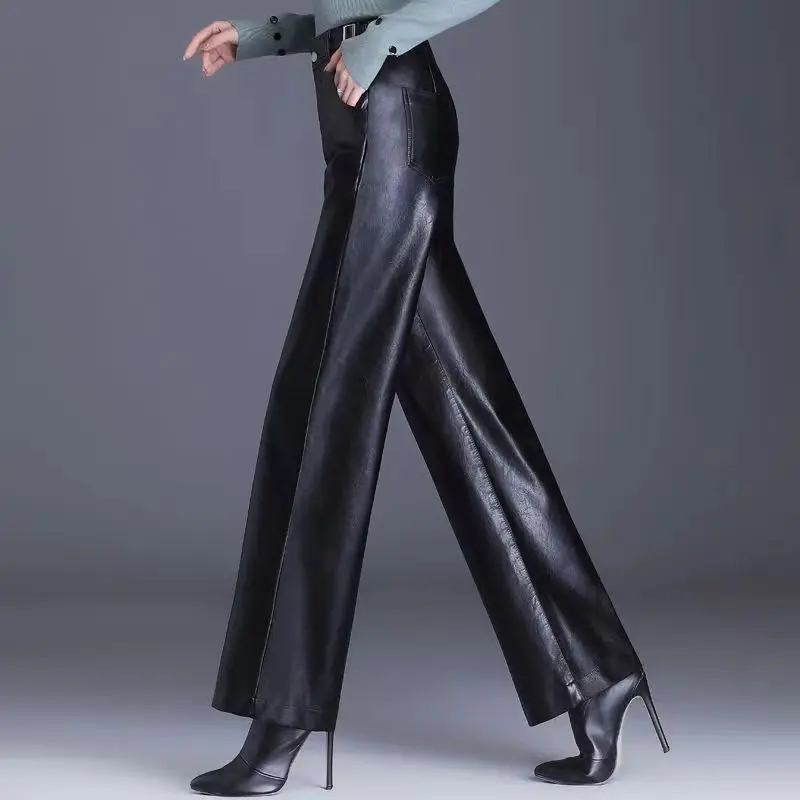 Fashion Leather Pants Women  High Waist Long Section Wide Leg Pants Autumn Winter Loose PU Leather Trousers Was Thin Large Size