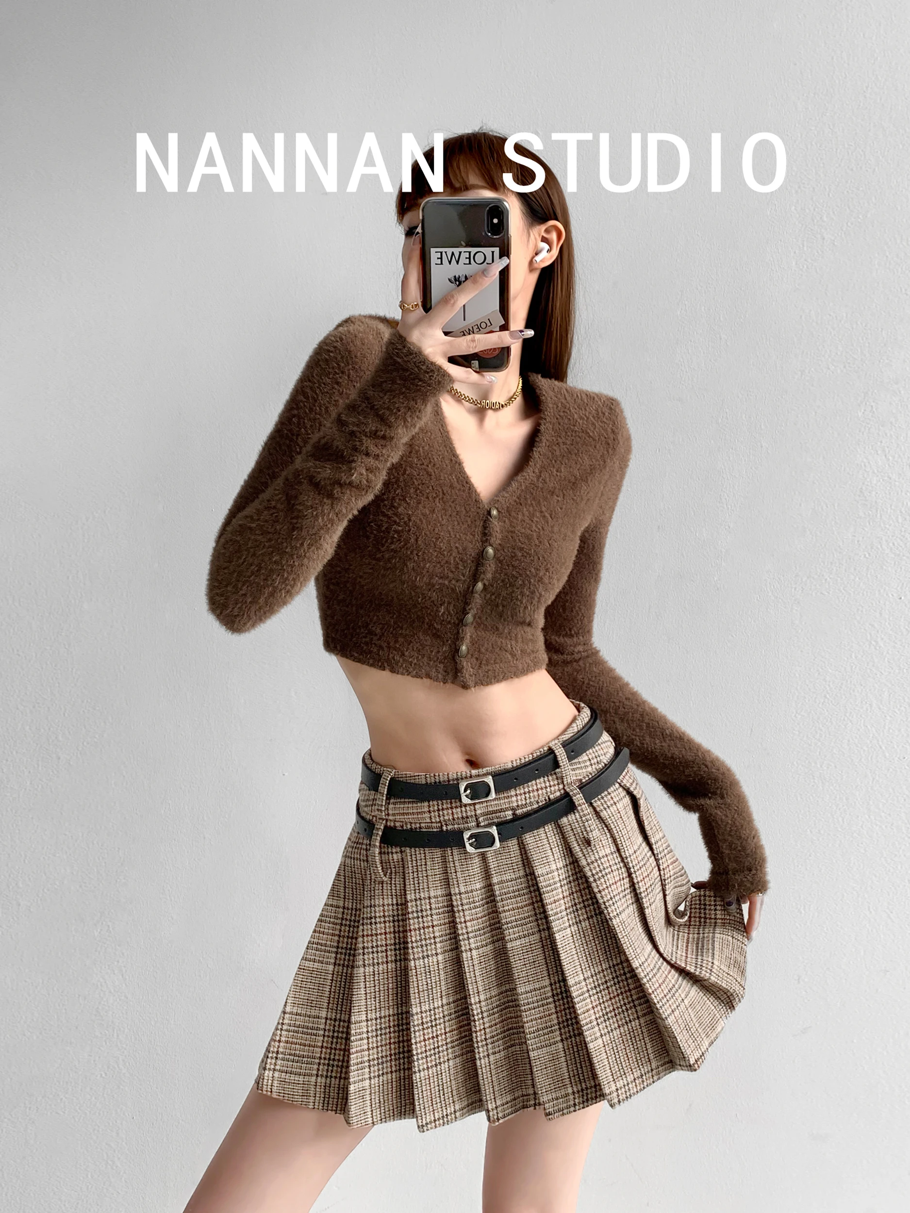 Sexy Double Belted  Skirt Women's Spring Autumn Slimming Base Layer Pleated Skirt Street Style Low Waist A-Line Silhouette
