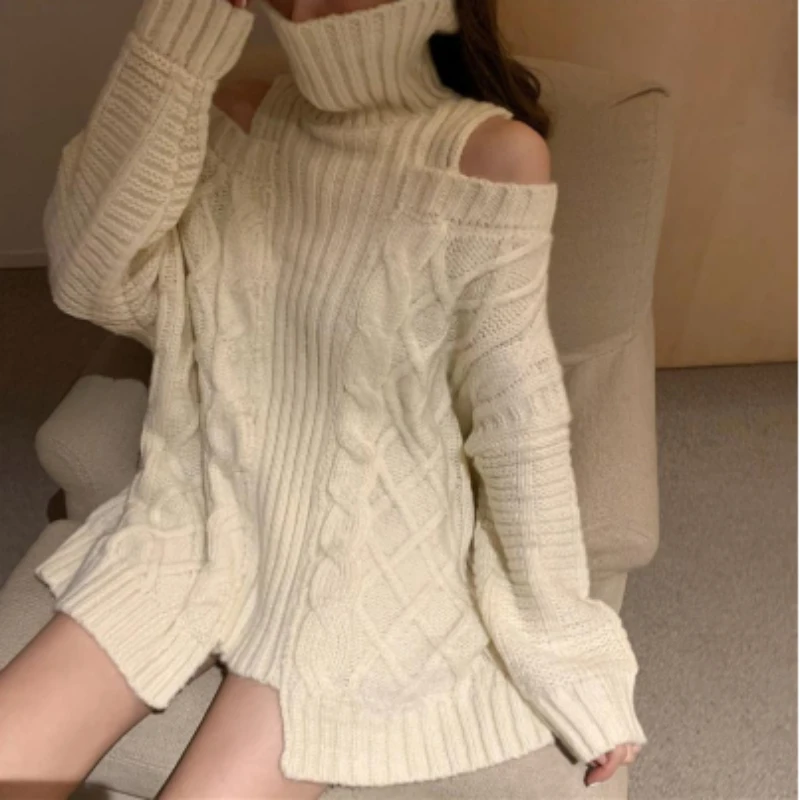 2020 New Winter Korean Style Sweaters Knitted Solid Color Pullovers Turtleneck Sweater Women Warm Off Shoulders Womens Clothes