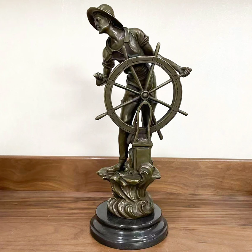 43cm Bronze Helmsman Statue Sculpture Western European Man Art Collectible Figurine Office Decoration