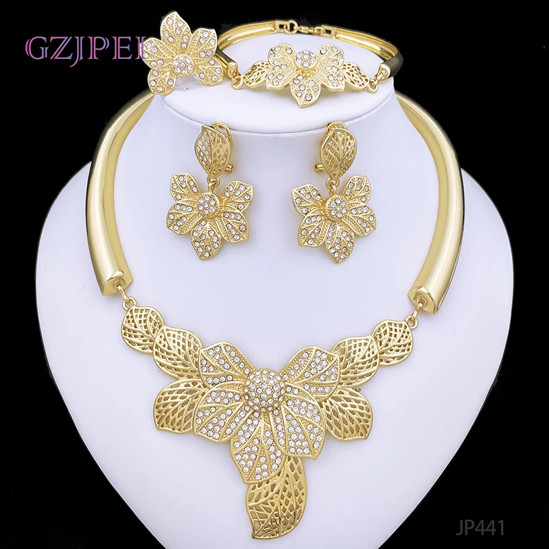 

Elegant 18K Gold Plated Dubai Jewelry Sets For Women Luxury Party Jewelry Necklace Earrings Ring Bracelet