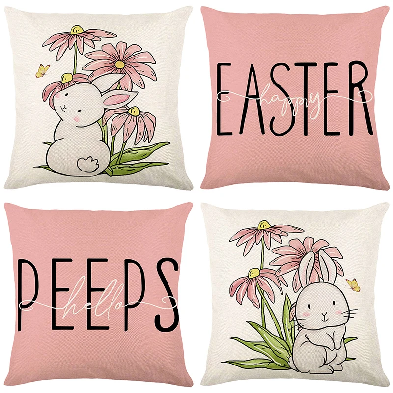 Easter Couch Throw Pillow Covers 18x18 Bunny Decorations for Sofa, Indoor, Outdoor Blue Pink Buffalo Plaid Spring Decor for Home