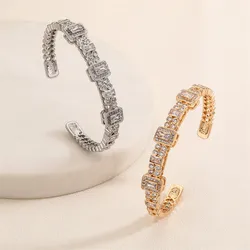 American Luxury Open Cubic Zirconia Cuff Bangle For Women Fashion Geometric CZ Stainless Steel Bracelet Jewelry Gifts