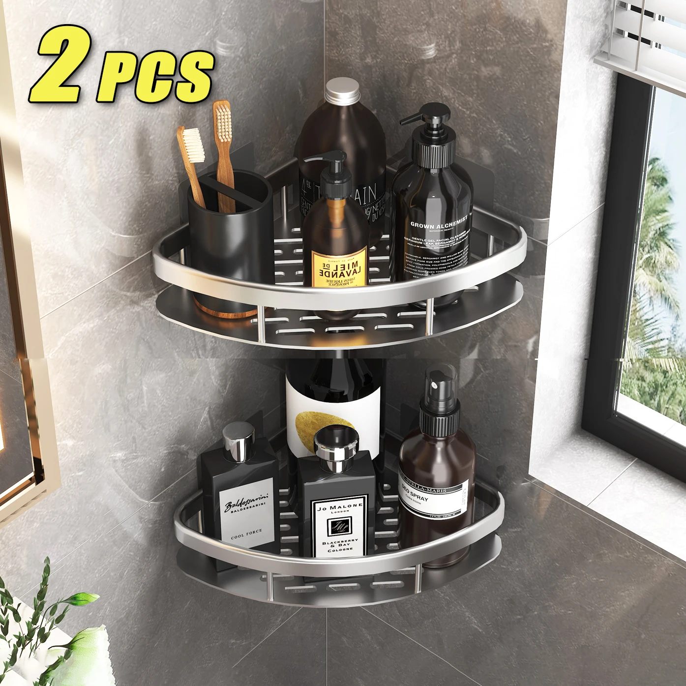 2PCS Bathroom Nail-free Shelf Shower Corner Shelf Aluminum Shampoo Shelf Shower Supply Storage Shelf Bathroom Accessories