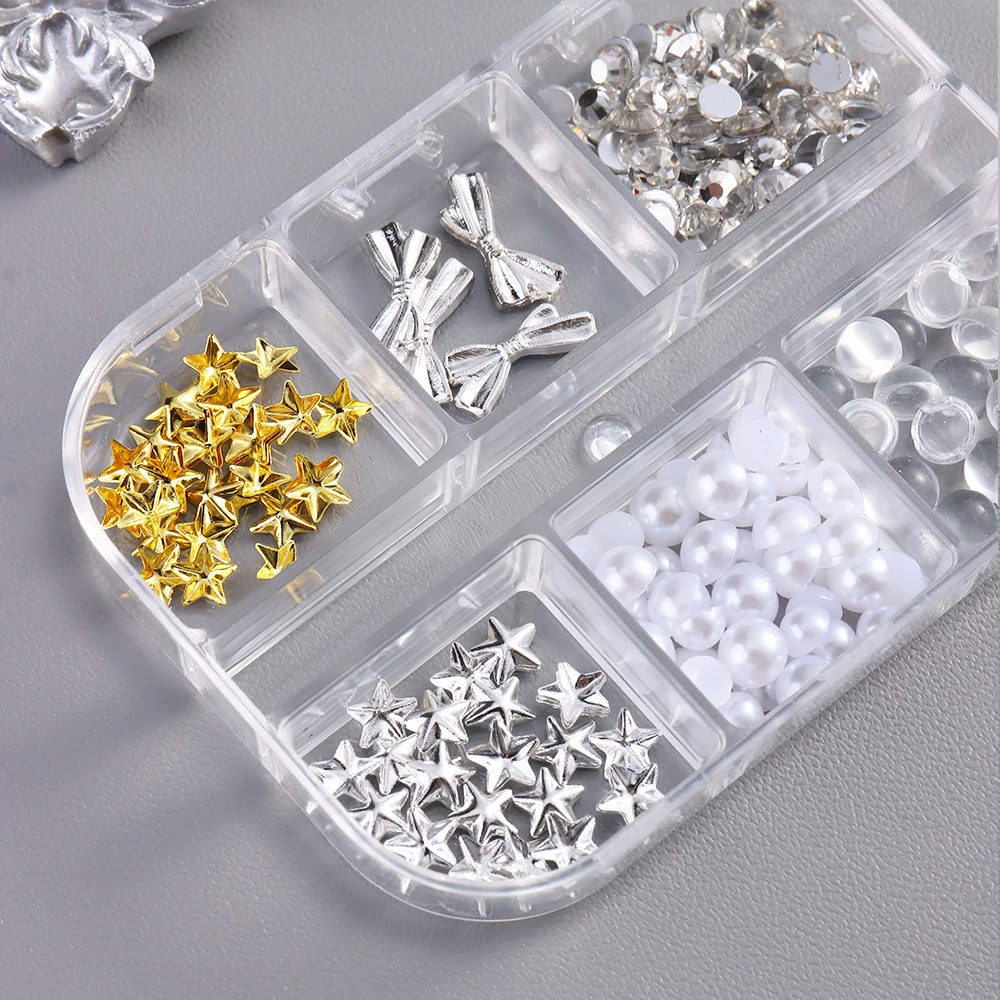 6 grade ouro prata estrela arco rebite studs prego charme meia redonda pérola contas arte do prego strass pentagrama gem manicure decoração