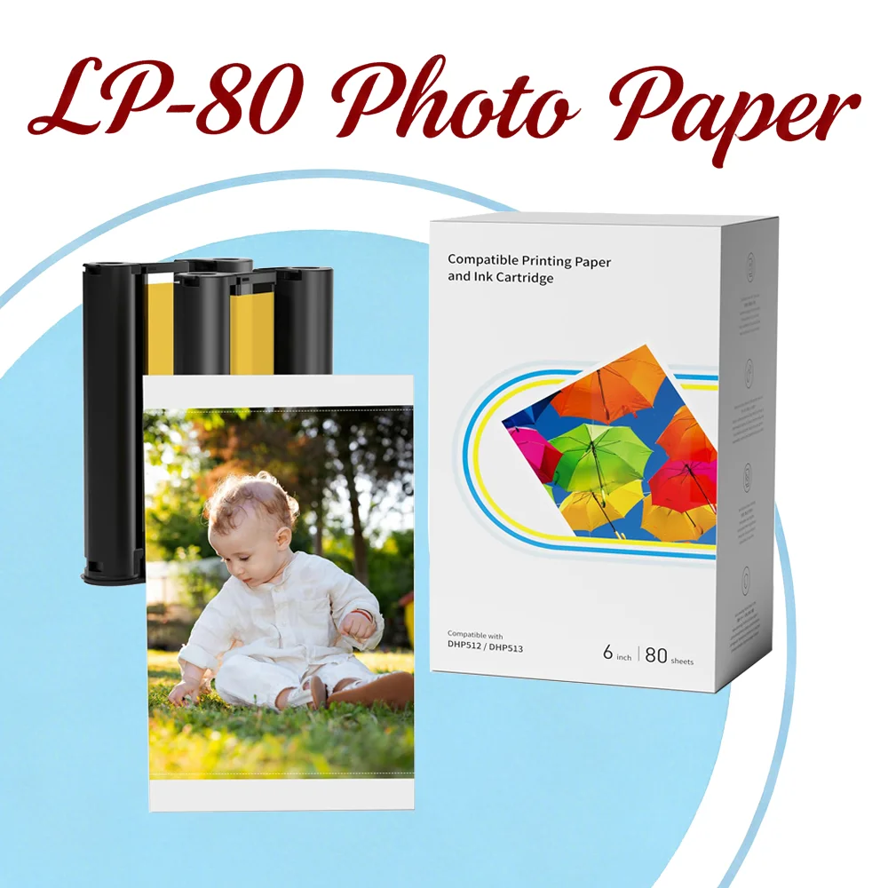 LP-80 Compatible for Liene Amber M100 M200(DHP512 DHP513) 4x6'' Photo Paper Cartridge Refill Includes INK-2 and 80 Sheets
