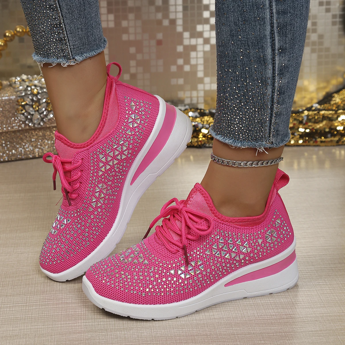 All-over Sparkling Rhinestone Covered Lace-up Wedge Trainers, Soft Stretch Knit Collar, Segmented Wavy Texture Outsole Shoes