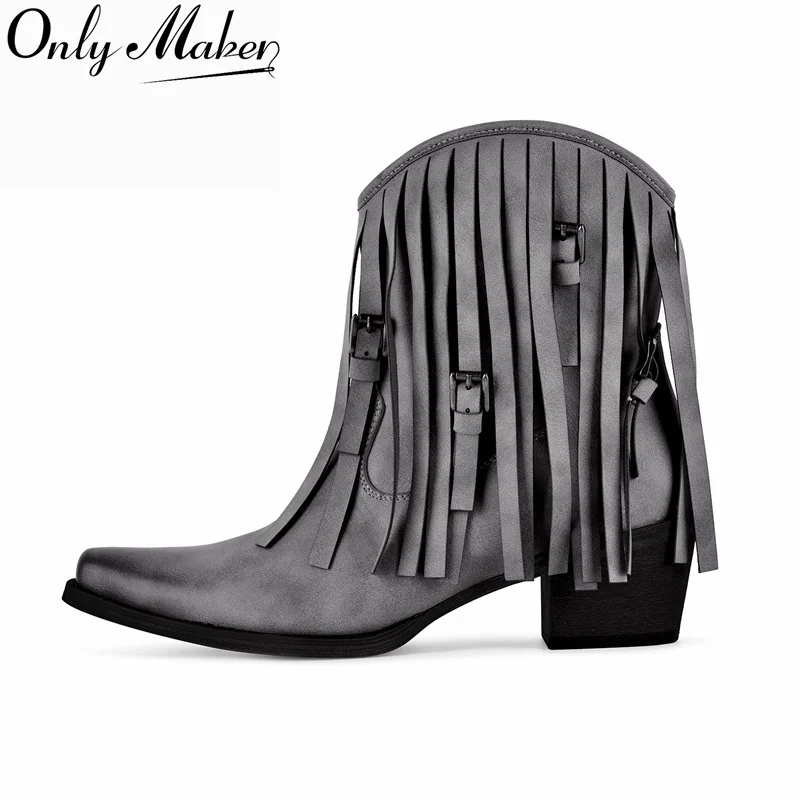 Onlymaker Women Pointed Toe Grey Faux Suede Tassel Western Ankle Boots Fringe Buckle Side Zipper Chunky Heel Cowgirl Boots