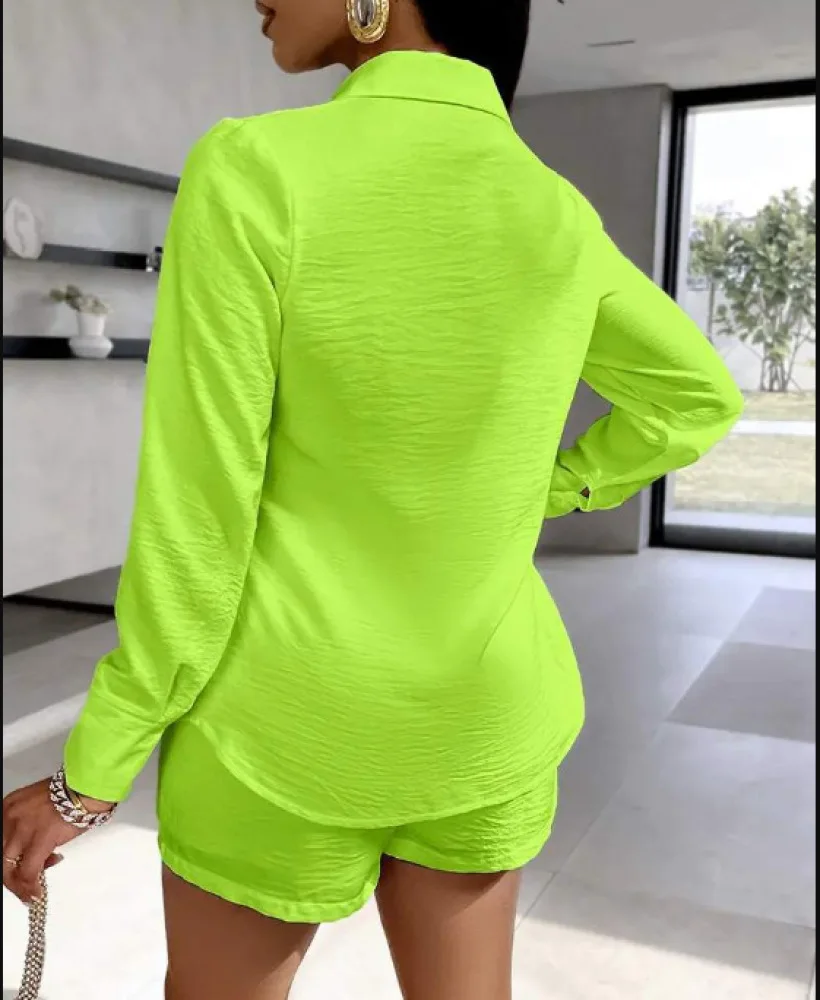 Solid Color 2 Piece Sets Women Outfit Spring Autumn Lapel Pocket Long Sleeve Shirt & Shorts Set Vacation Outfits Woman 2024