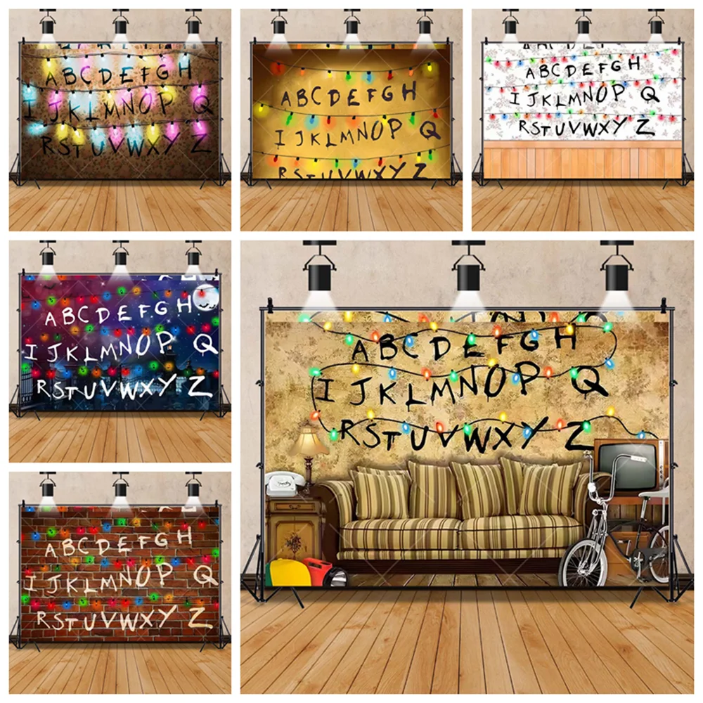 

Stranger Theme Photography Background Customized String Lights Flash Alphabet Children's Birthday Party Decoration Banner Props