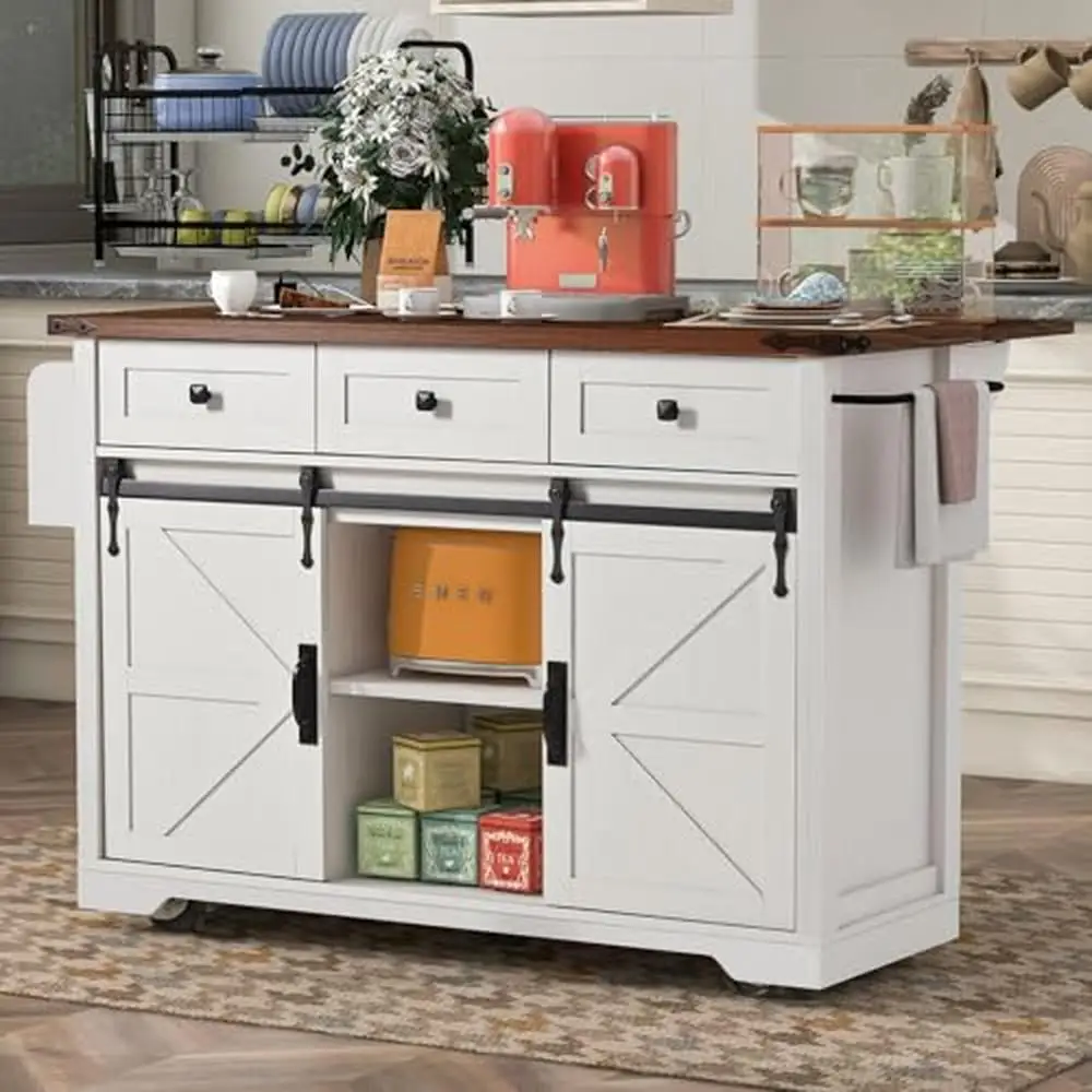 Kitchen Island with Barn Doors Sliding Spice Rack Power Outlet 53.7