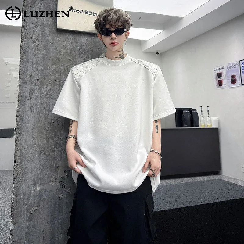 LUZHEN Pad 2026 Summer Niche Short Design Patchwork Shoulder Sleeve T-shirts Men Trendy Handsome Street Solid Color Tops JY8434