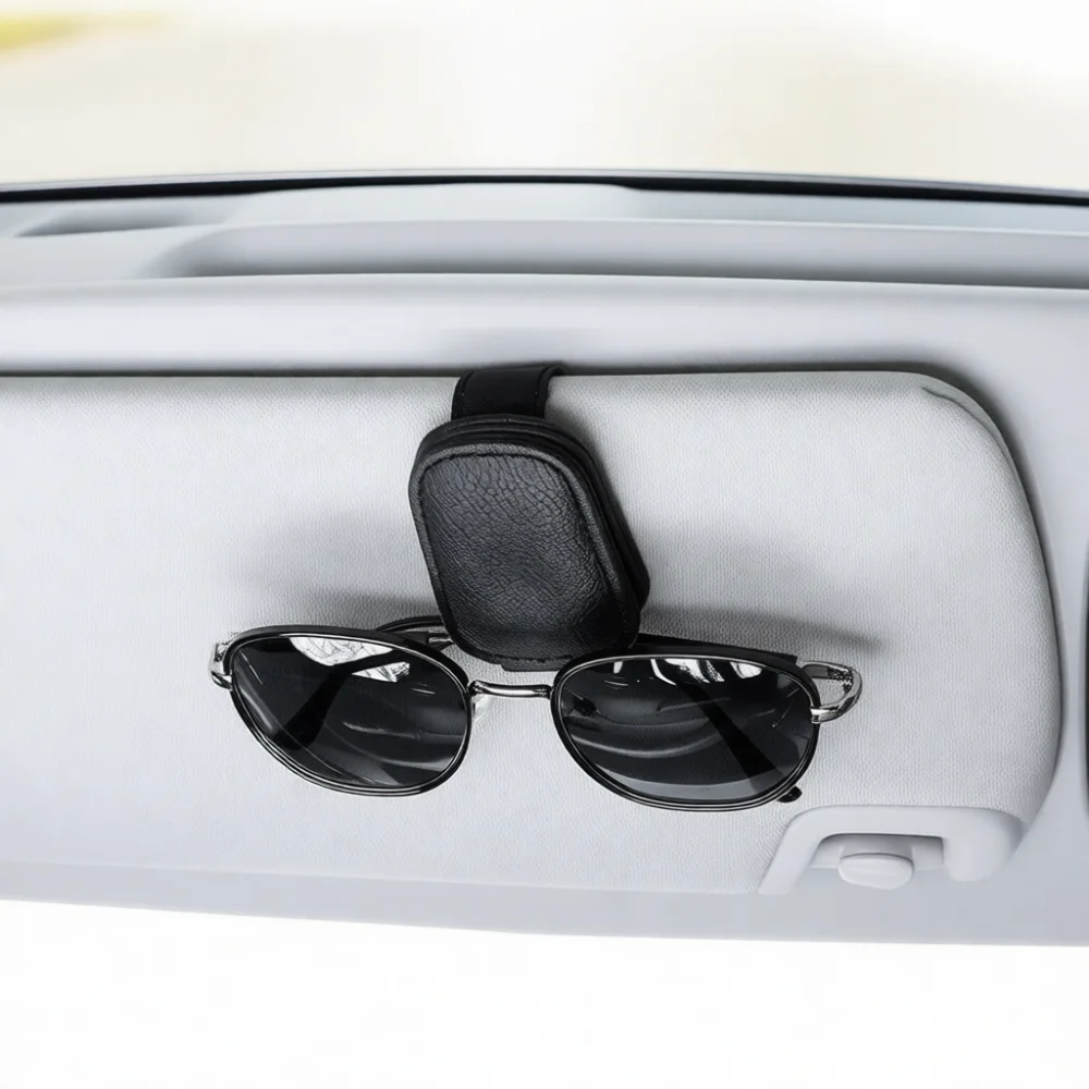 Car Interior Sun Visor Glasses Clip PU Leather Sunglass Holder Organizer Mount Convenient Eyewear Card Ticket Fixation