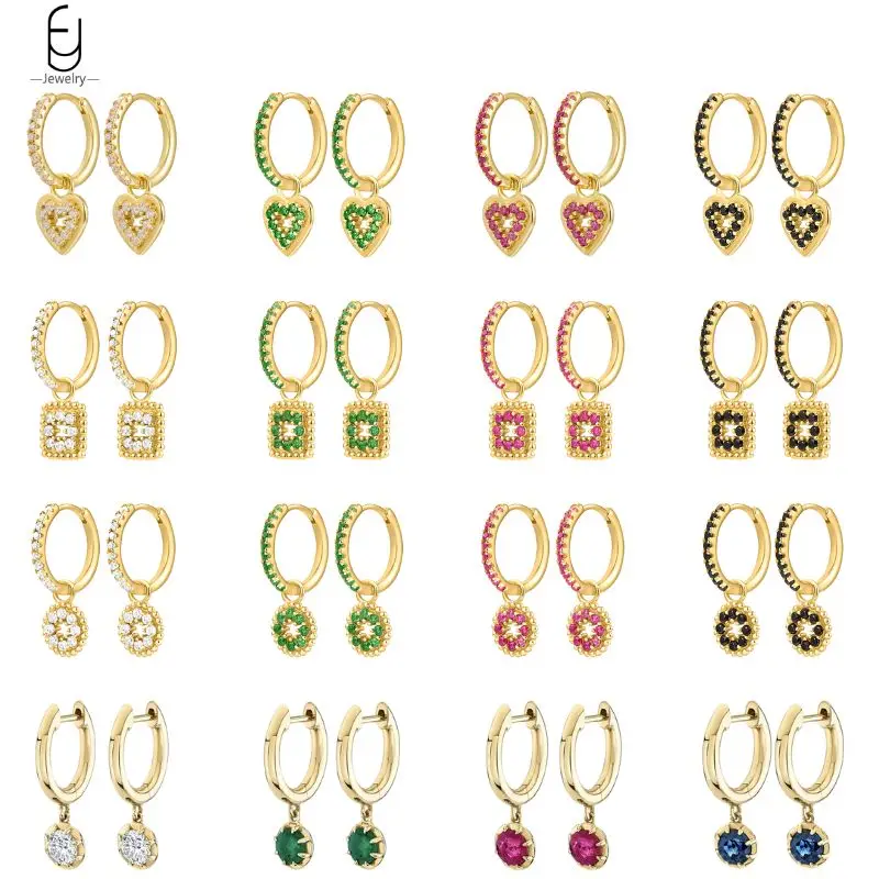 

925 Sterling Silver Needle Luxury Round Square Pendant Earrings Colorful Crystal Heart Gold Earrings Fashion Jewelry Gifts