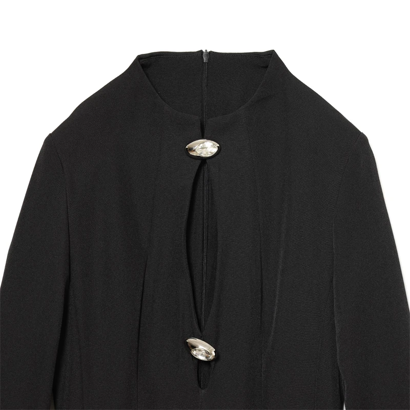 فستان نسائي قصير أسود بأكمام طويلة - فستان أنيق برقبة عالية مع تفاصيل أزرار معدنية، ملابس أنيقة للحفلات والسهرة #3