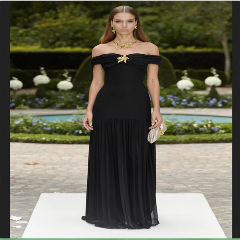 

Chiffon Women's Long Evening Dress Black Floor-length Evening Dress Off the Shoulder فساتين سهرة فخمة 2025 ش