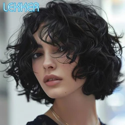 Lekker Short Loose Curly Bob With Bangs 100% Human Hair Wigs For Women Brazilian Remy Hair Natural Black Full Machine Made Wigs