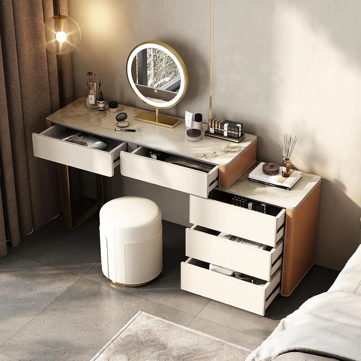 Faux Leather Makeup Vanity Desk Set with LED Lighted Mirror Luxury Dressing Makeup Table with Storage Drawers & Vanity Stool, Va