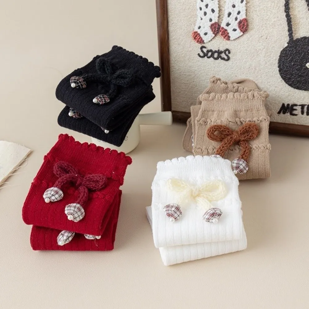Knee High Length Knee High Socks Knitted Material Sweet Bow Uniform Socks Calf Length Ruffled Cuff Slouch Socks Academy Style