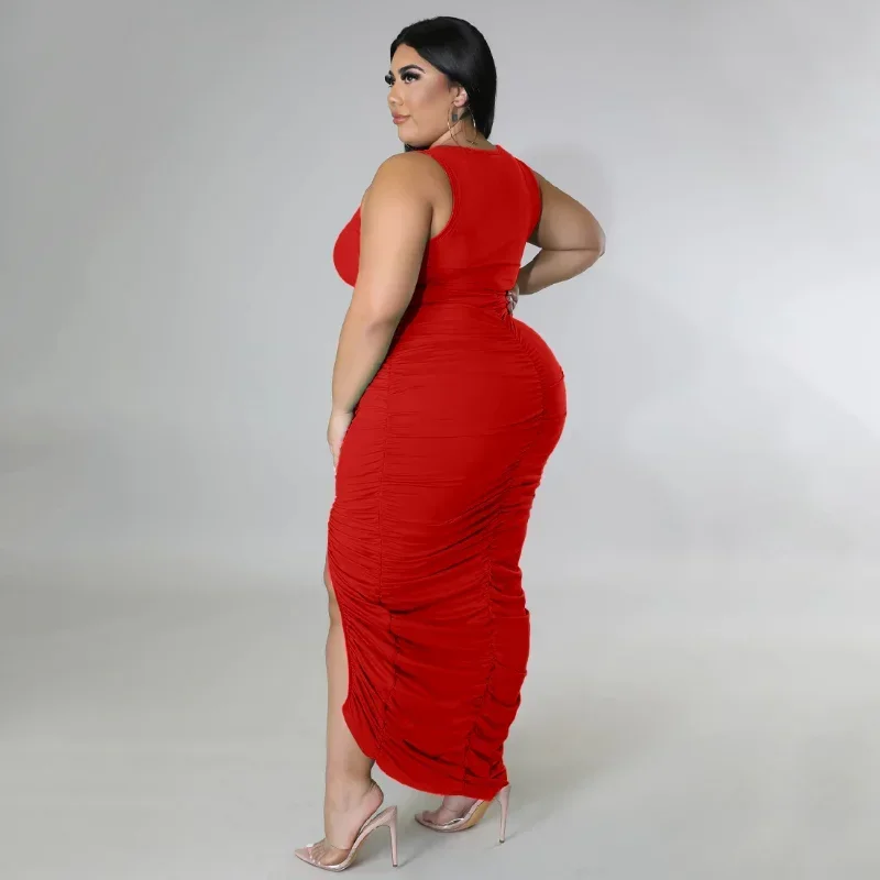 KEXU Plus Size Women High Side Split O-neck Sleeveless Maxi Long  Dress  Summer Backless Bodycon Sexy Party Tank Dresses