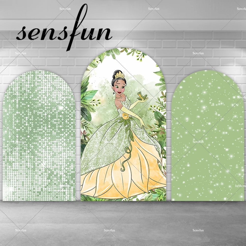 Фон с изображением принцессы Тианы и лягушки и арки Диснея, боке, зеленые блестки с принтом для девочек, детский душ, фон для дня рождения