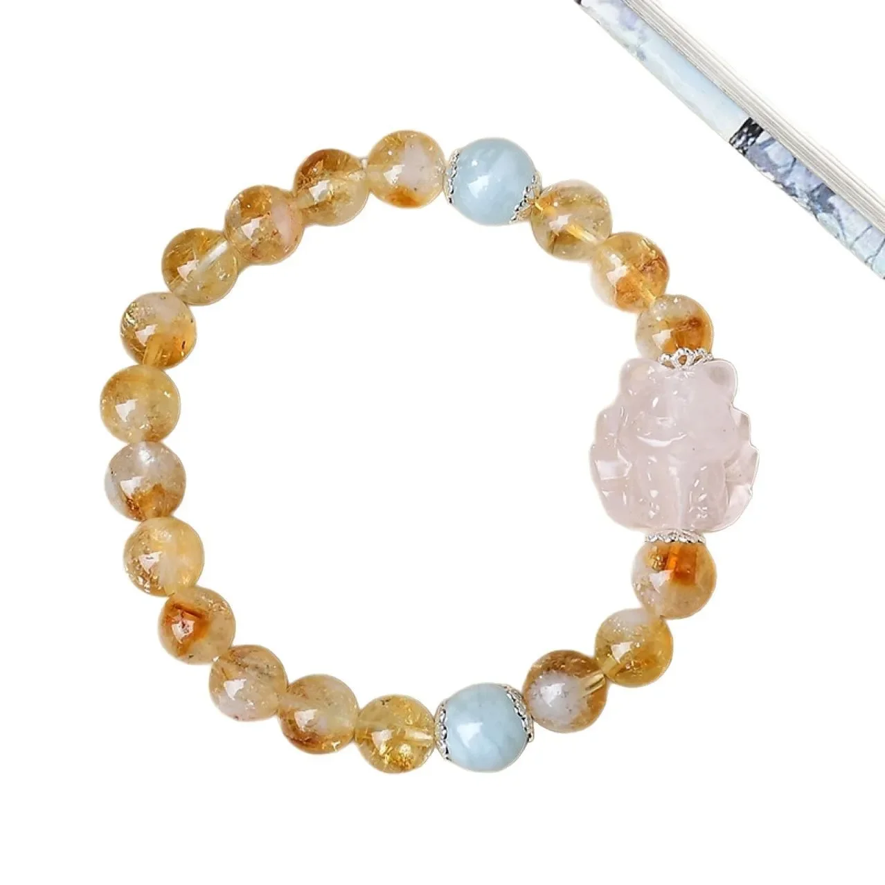 Pure Natural Yellow Tower Crystal Aquamaric Powder Crystal Bracelet Nine Tail Fox Carving Fashion Design Bracelet High-end Gift