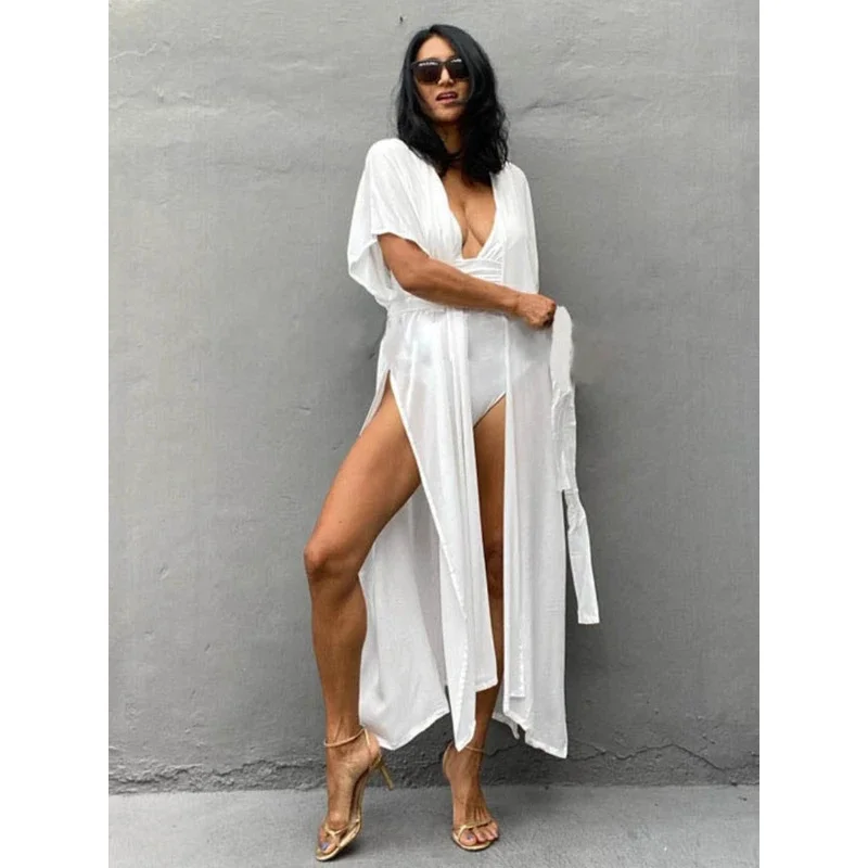 Swimsuit Cover Ups for Women Beach Cape Tunic Kimono Summer Belted Split Wrap Dresses Pareo Holiday Bathing Suits Factory Supply