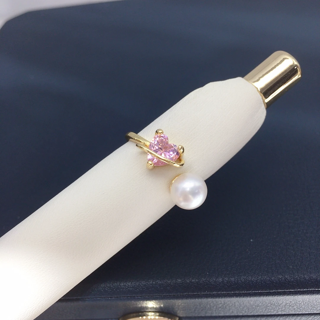 Natural Freshwater Pearl Opening Ring Fashionable And Simple Pink Heart-Shaped Zircon Ring Exquisite Craftsmanship Daily Wear