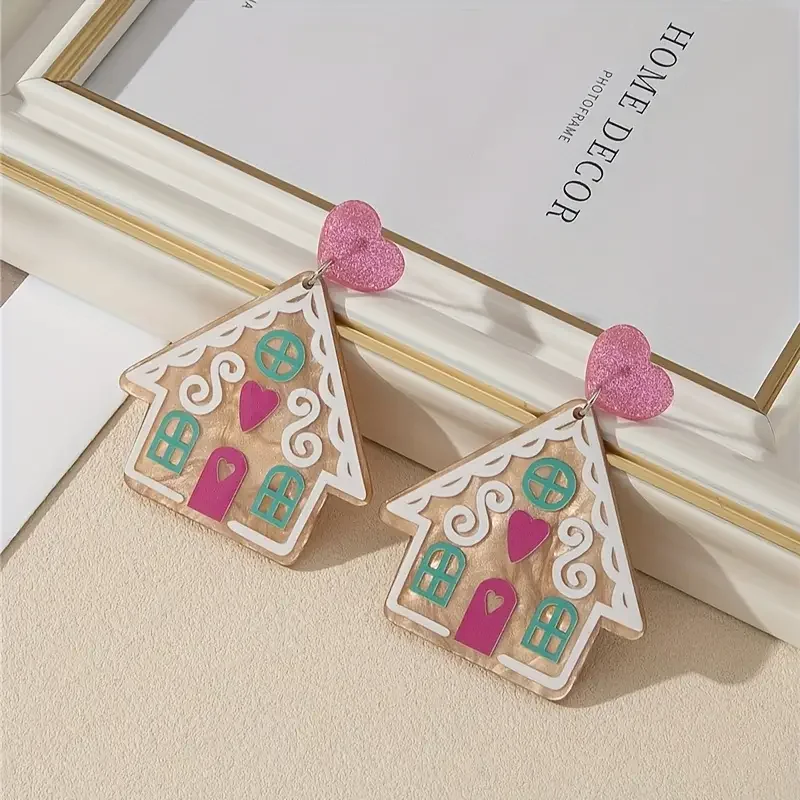 Pair of Acrylic Gingerbread House Earrings with Heart Accents - Cute Cartoon Christmas Party Jewelry, Pink & Teal Festive Gift