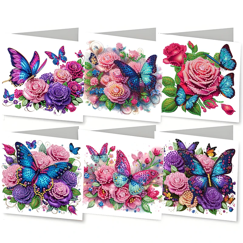 6-piece Butterfly Flower Diamond Art Card Set - Diamond Painting Card, Suitable for Christmas, Birthday, and Thanksgiving Handic