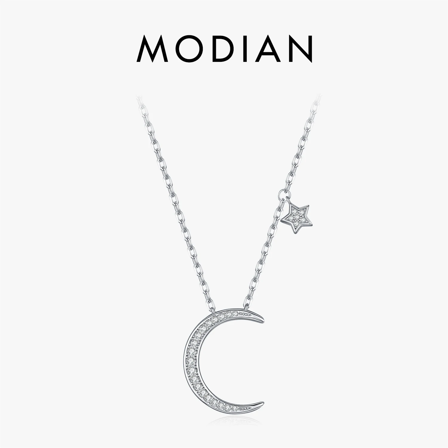 MODIAN 925 Sterling Silver Fashion Shining CZ Moon Stars Charm Choker Pendant Necklaces For Women Fine Jewelry