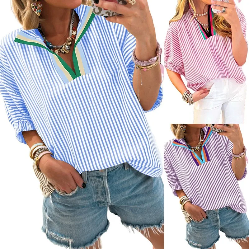 

Women Blouse Striped V Neck Pullover Blouses Loose Fit Patchwork Top Blue Striped Casual 3/4 Sleeve Ruffled Cuff