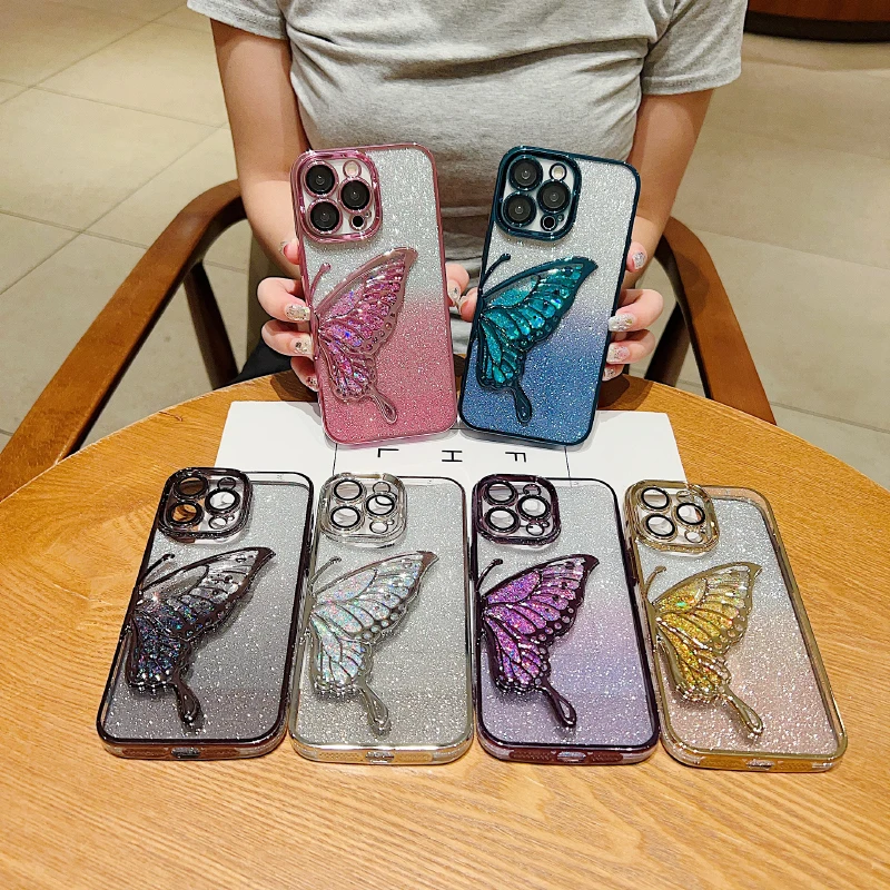 Funda de teléfono de mariposa con purpurina y borde chapado de Color sólido de lujo para iPhone 17 Pro Max Air 15 11 12 13 14 16 Pro Max