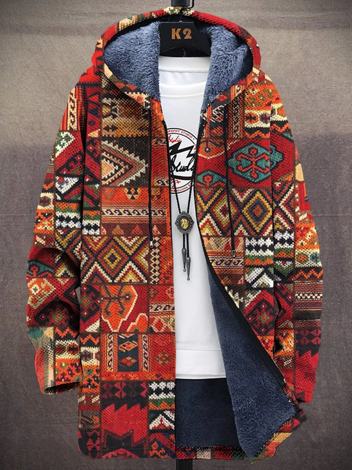 

Vintage Various Patterns Print Unisex Plush Thick Long-Sleeved Sweater Cardigan Coat Hoodies Fleece Lined Zipper Coats