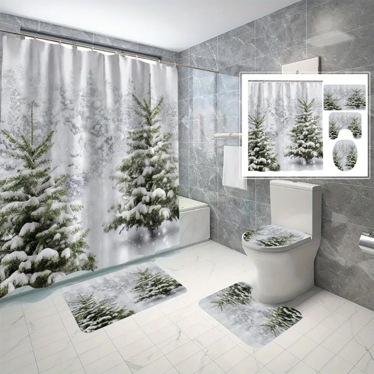 

4pc Christmas Cedar Tree Bathroom Set - Polyester Fabric, Shower Curtain, Toilet Seat Mat, Floor Mat, U-Shaped Mat