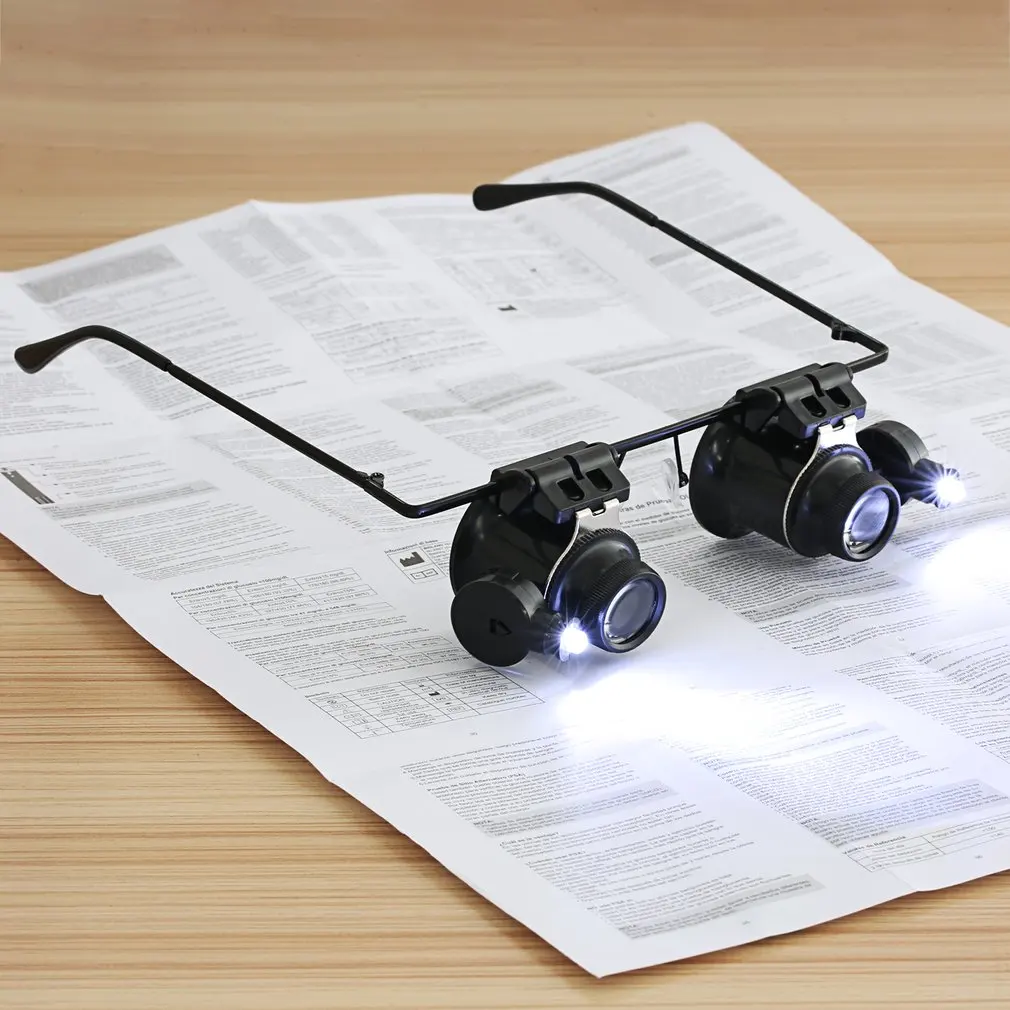 Hot Adjustable LED Metal Frame Lights Magnifiers 20X Glasses Type Double Eye Magnifier Watch Repair Tool Magnifier With Two
