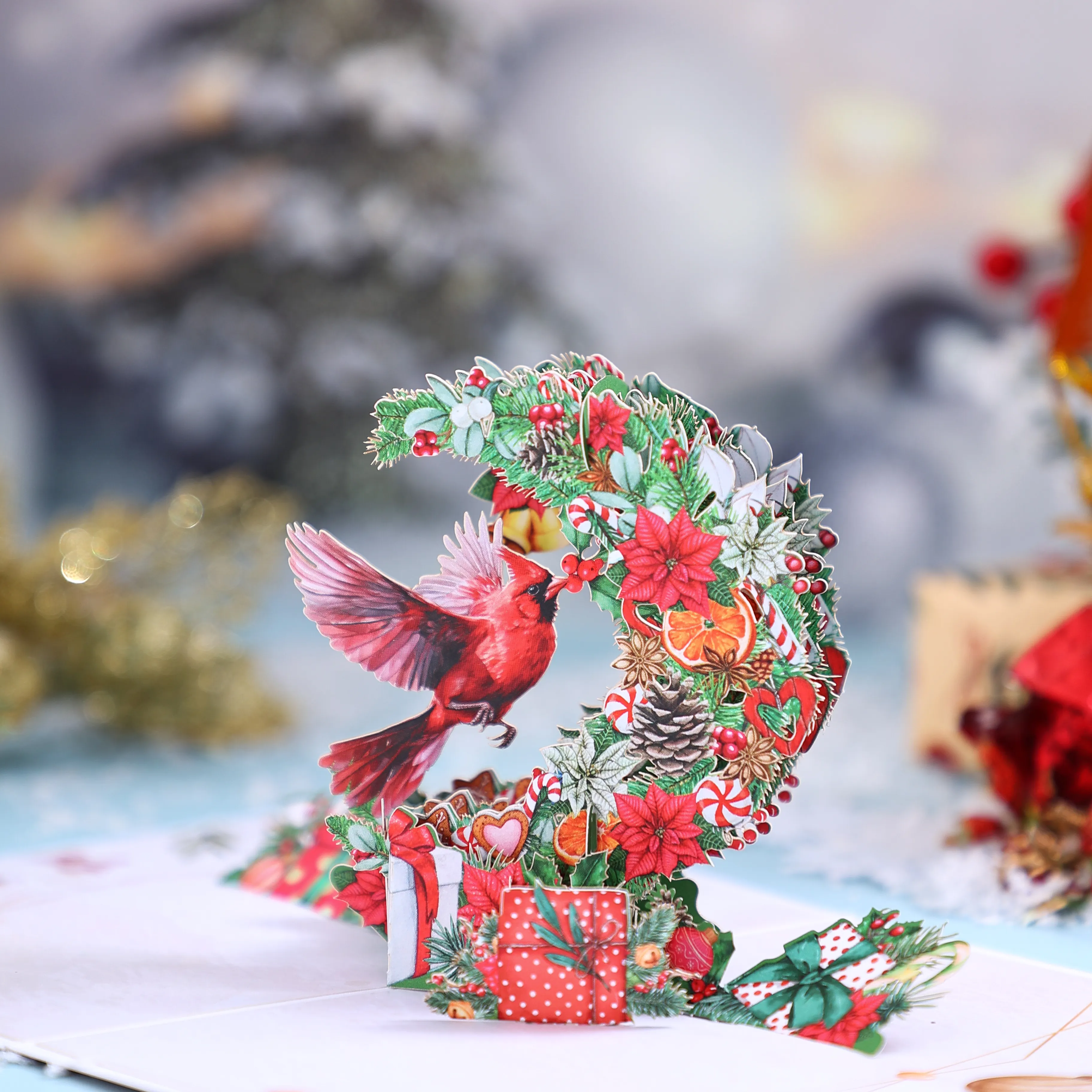 1pc Merry Christmas Pop-Up Card, Christmas Tree Woodland Reindeer Cardinal Poinsettia Greeting Card with Note Card and Envelop