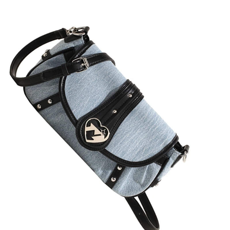 ผู้หญิง Denims กระเป๋าสะพาย Punk Heart Buckled Crossbody กระเป๋ากระเป๋าถือขนาดเล็ก E74B