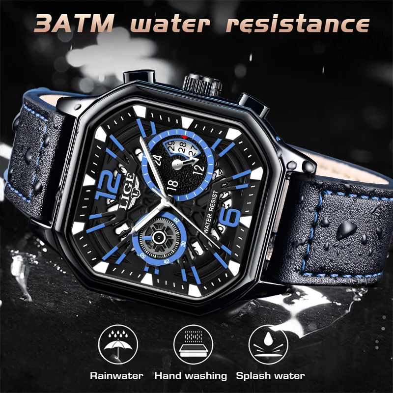 Reloj LIGE cuadrado de cuero de lujo para hombre, cronógrafo luminoso, relojes de pulsera de cuarzo, esfera pequeña, reloj de trabajo resistente al agua para hombre