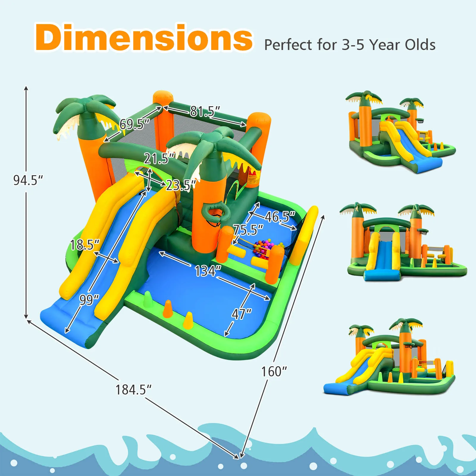 Tropical Inflatable Bounce Castle, 8-in-1 Giant Jumping House w/680W Blower